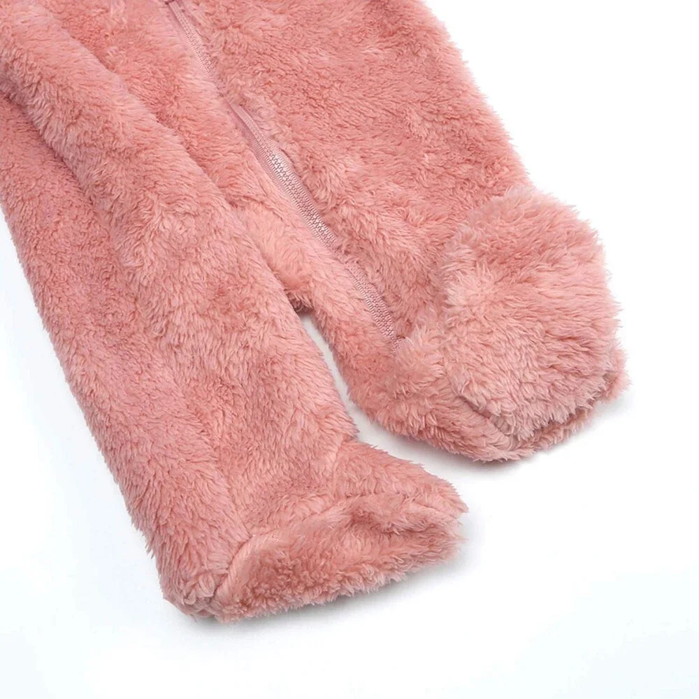 Warm Newborn Pink Baby Snowsuit Cotton Fleece Hooded Romper Bear Pattern 0-3M
